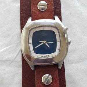 Fossil Unisex Watch, Genuine Brown Leather Cuff Band, Removable Cuff, Orig. Box